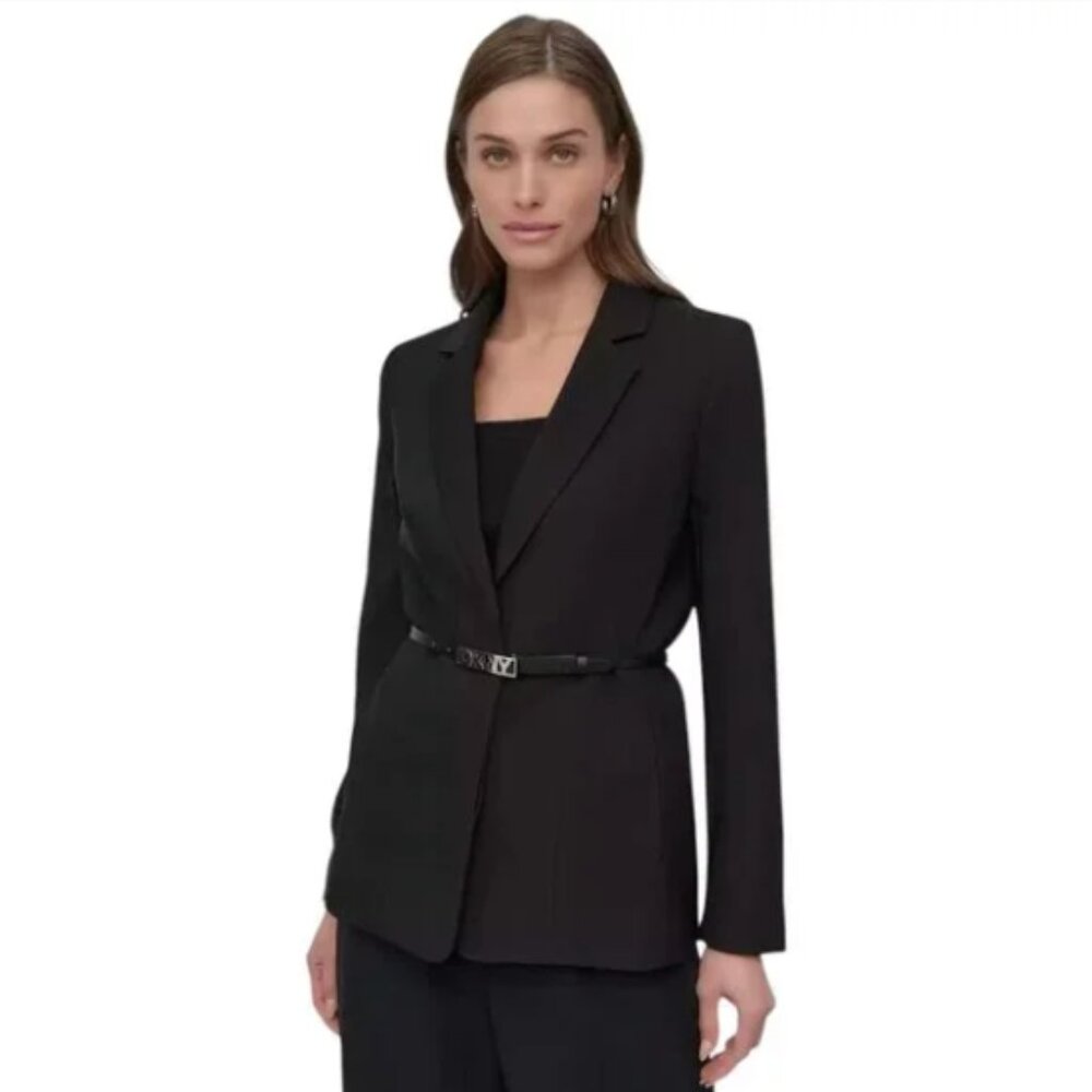 NWT DKNY Belted Two Button Blazer Jacket in Black Size 12
